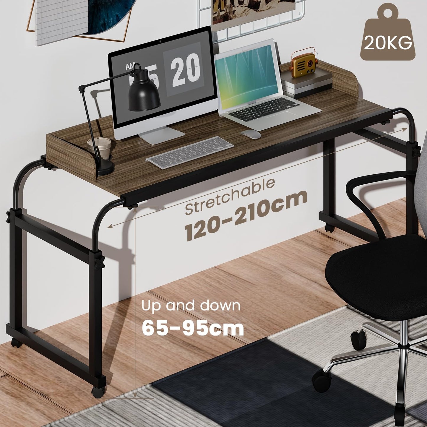 Rodiuiu Overbed Table with Wheels 40cm Height Adjustable Over Bed Desk King Queen Bed Table Laptop Table with Wheels 120 cm for Bedroom Living Room Home Office