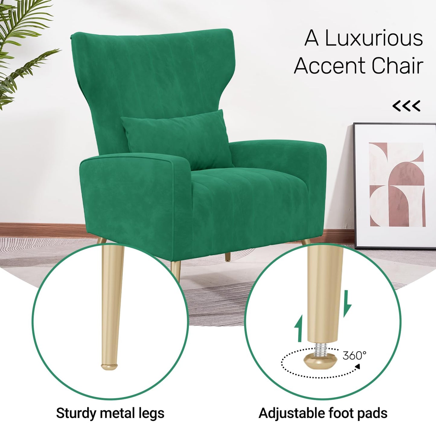 Nebuaegis Velvet Accent Chair Wingback for Living Room, High Back Arm Chair with Golden Legs Lumbar Pillow, Upholstered Single Sofa Bedroom Green