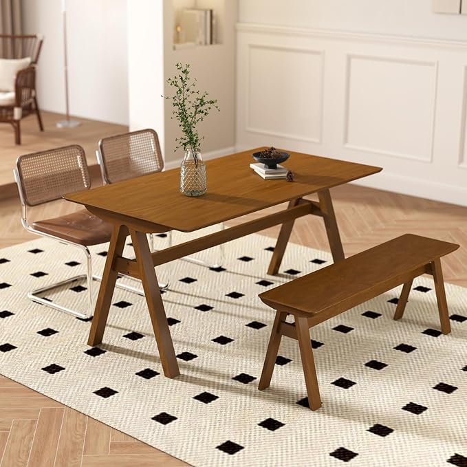 DUOMAY Solid Wood Long Dining Bench, 47" Wide Farmhouse Bench with A-Shaped Legs Mid Century Modern Entryway Bench Shoe Bench for Hallway End of Bed, Walnut Color