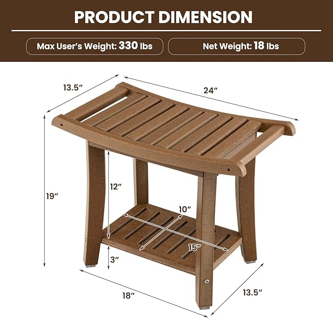 GOFLAME 2-Tier Shower Bench, Spa Bath Shower Stool with Curved Seat, 2 Easy-to-Grip Handles, Storage Shelf & Non-Slip Foot Pads, Waterproof Shower Chair for Bathroom, Living Room, Entryway, Brown