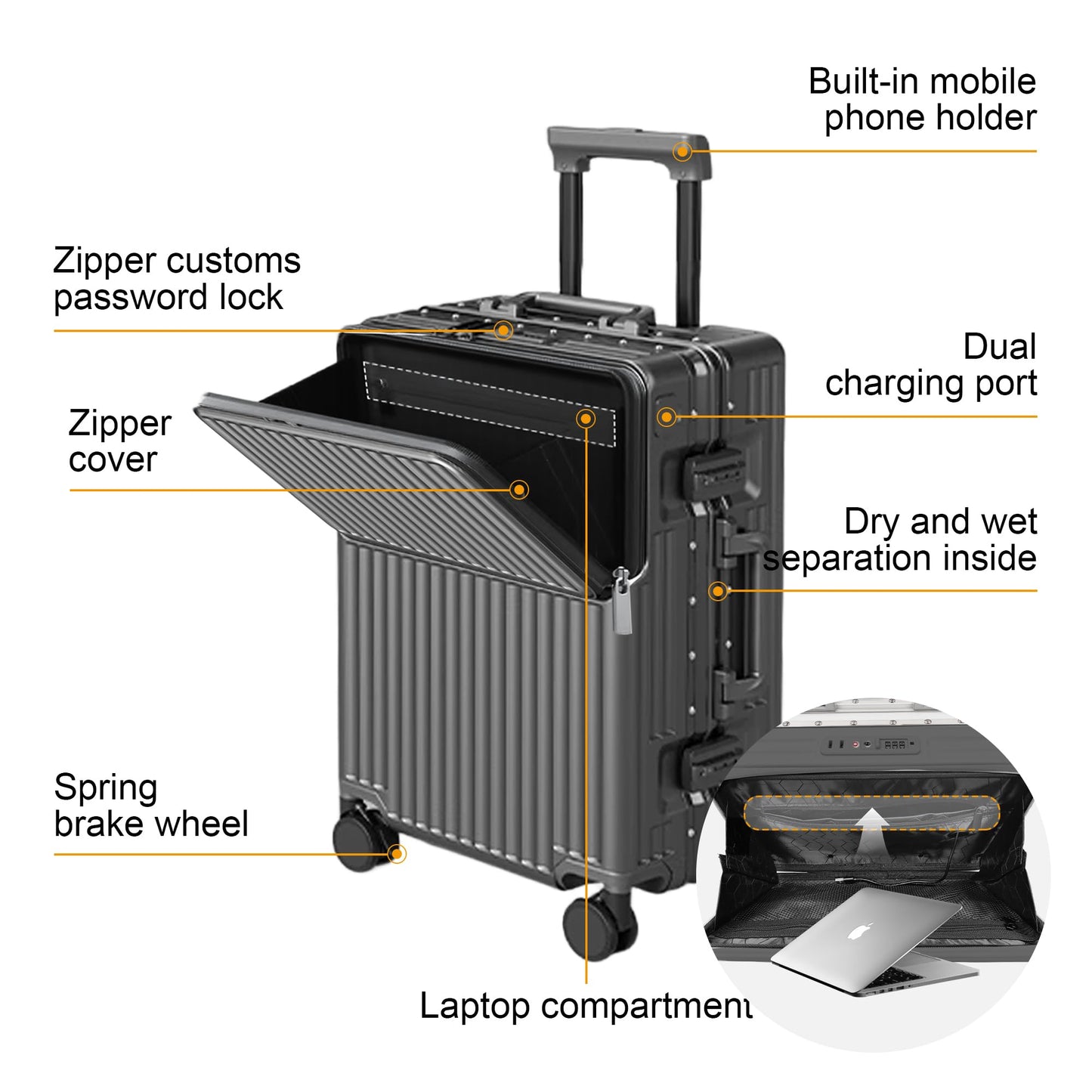 2-Piece Hardshell Zipperless Luggage Set, 20/26" Aluminum Frame Hardshell Spinner Luggage, Airline Approved Carry-On Luggage, TSA Lock, 360° Quiet Wheels With Cup Holder (grey)