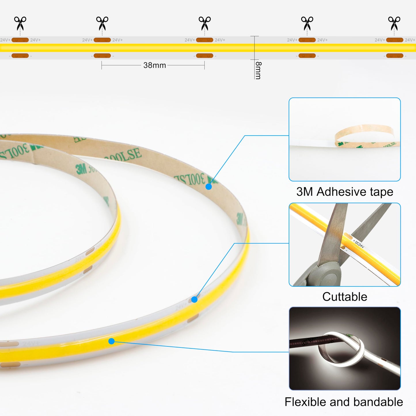 AXMOTUT 32.8ft COB LED Strip Lights 4000K Dimmable, High CRI 93+ with Power Adapter, Flexible Light Strips for Bedroom, Room, Kitchen, Mirror （Remote Control not Included）