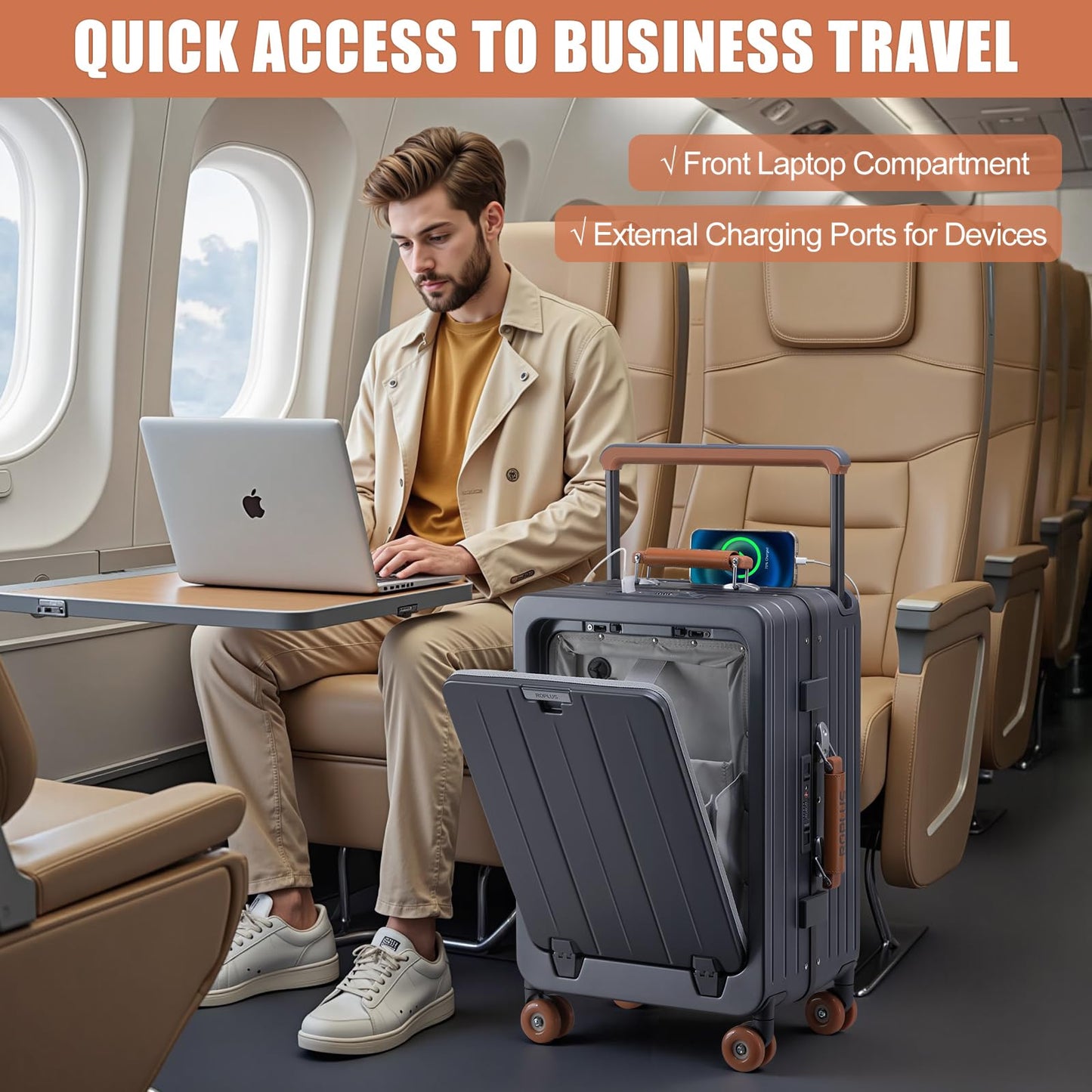 ROPLUS Carry On Luggage with Front Cover Compartment, Aluminium Frame Rolling Suitcase with USB Ports, Cup Holder, TSA Lock, Skate Wheels (WhiteGreen, 21-Inch)