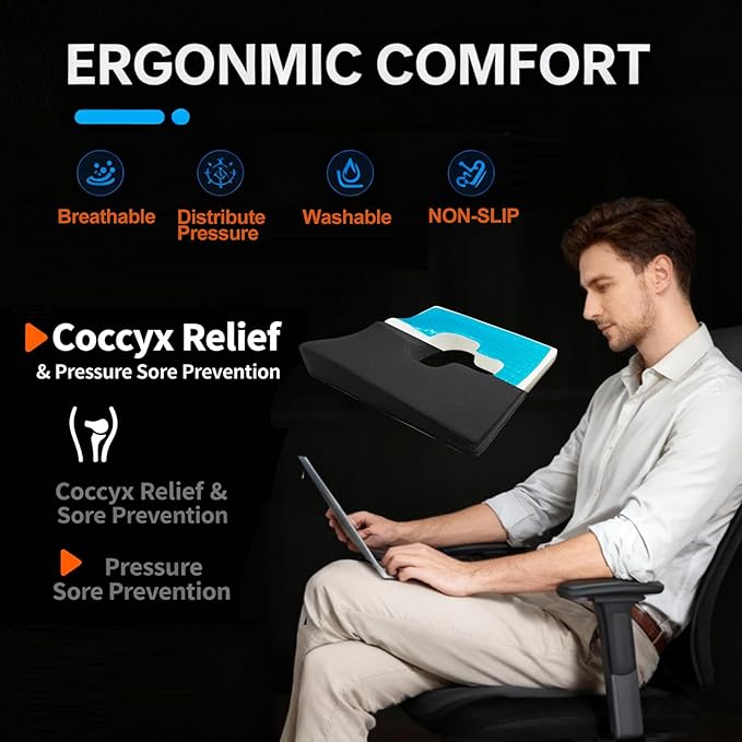 Rivquvi Gel Wheelchair Seat Cushion,Bed Sore Cushions for Butt,hemorrhoid pillow for Chair,Pressure Sore cushion,Memory Foam Butt Pillow,Sciatica,Coccyx,Pressure Ulcer Pain Relief,Washable Cover(Black