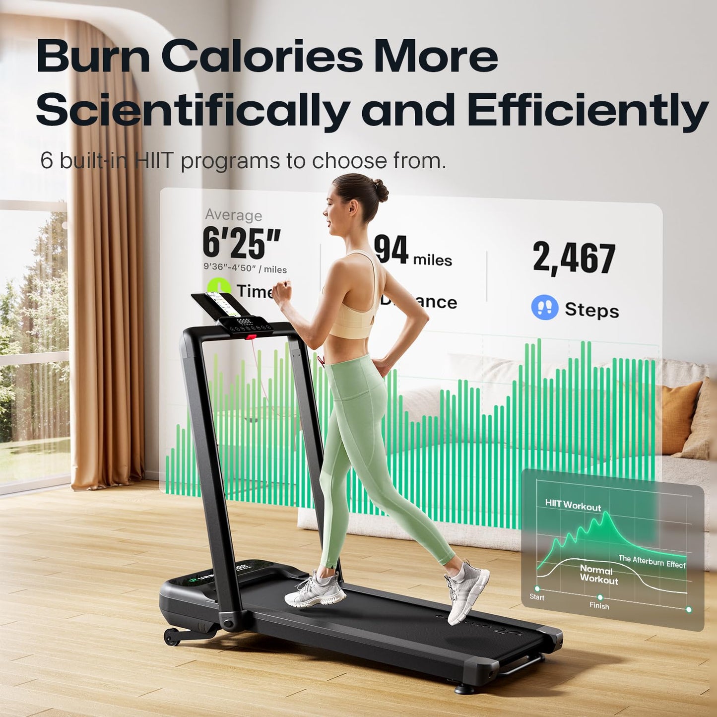 UREVO Smart Treadmill with 9% Incline, 3-in-1 Foldable Treadmill with Handle for Home/Office Fitness, Runner-Focused Design, 6 HIIT Programs & Auto Incline Follow Mode, 2 Display Screens, Plug & Play