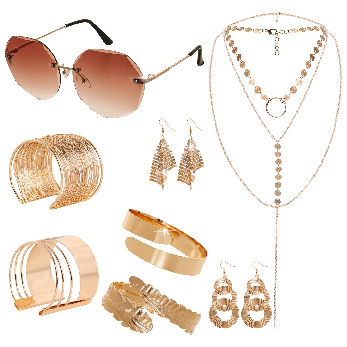 Fumwase 8PCS 70s Gold Disco Accessories Set for Women 1970s Disco Accessories Earrings Layered Necklace Bracelets Glasses Arm Cuff for Party Halloween Cosplay (Gold)
