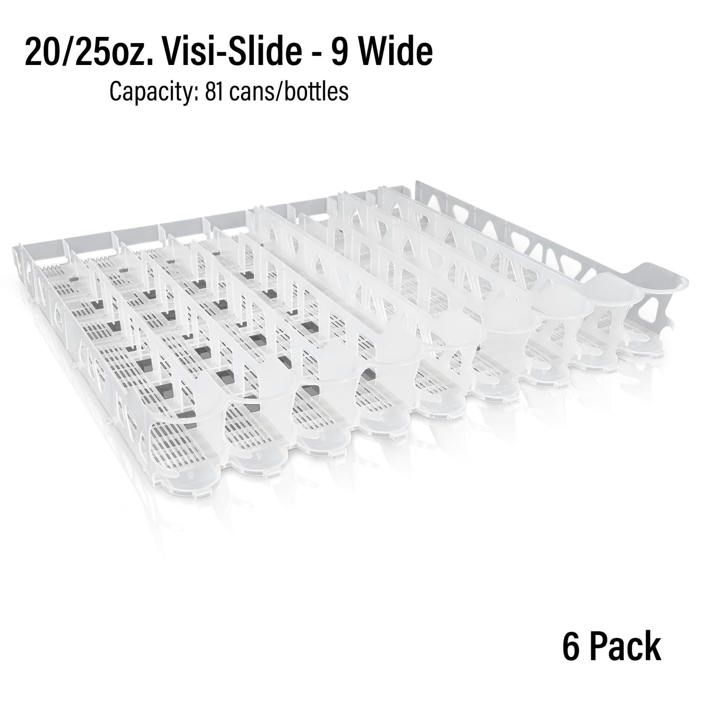 Visi-Slide 20oz Soda Beverage Dispenser - Gravity Fed Glide for Angled Shelves for Coolers, Commercial Refrigerators, Cold Vaults (Pack of 6) Drink Organizer for Cans, Bottles and More