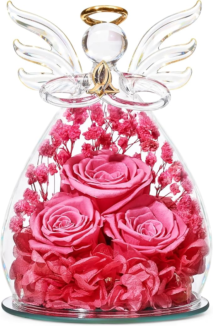 Beferr Valentines Day Rose Gifts for Her Women Mom Gifts for Birthday, Fresh Flowers for Delivery Forever Preserved Rose in Glass Angel Figurine, for Grandma Wife Daughter Girlfriend