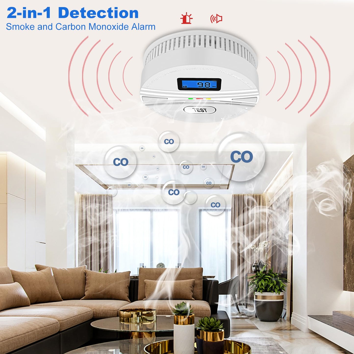2 Pack Smoke and Carbon Monoxide Detector,Smoke Detector Carbon Monoxide Detector Combo with Batteries,Fire Alarm Smoke Detector with Test Button and Digital Display