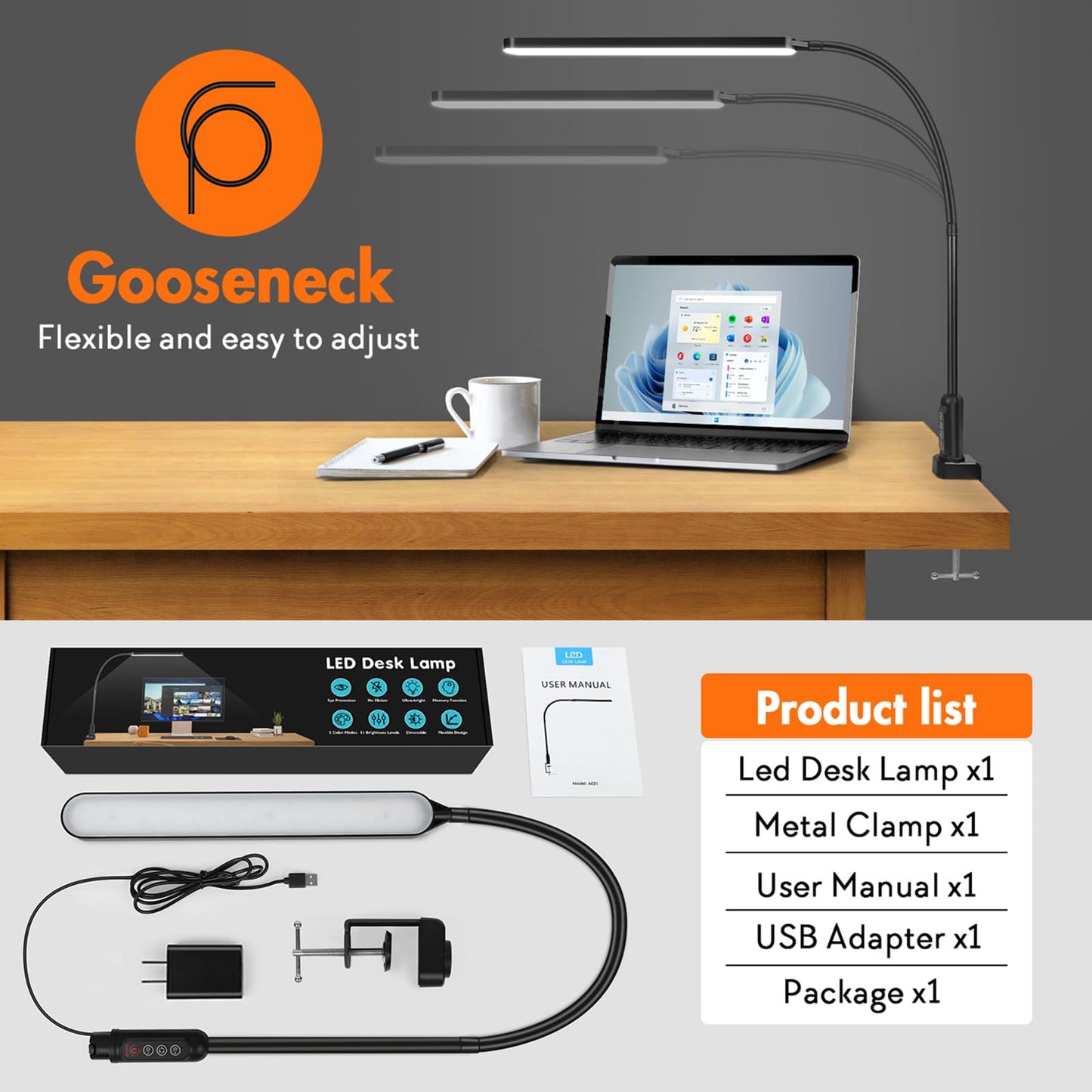 BIENSER LED Desk Lamp with Clamp, Super Bright Desk Light with 11 Brightness, 5 Color Modes, Flexible Gooseneck Clip on Table Light, Eye-Caring Architect Task Desk Lamps for Home Office Study Reading