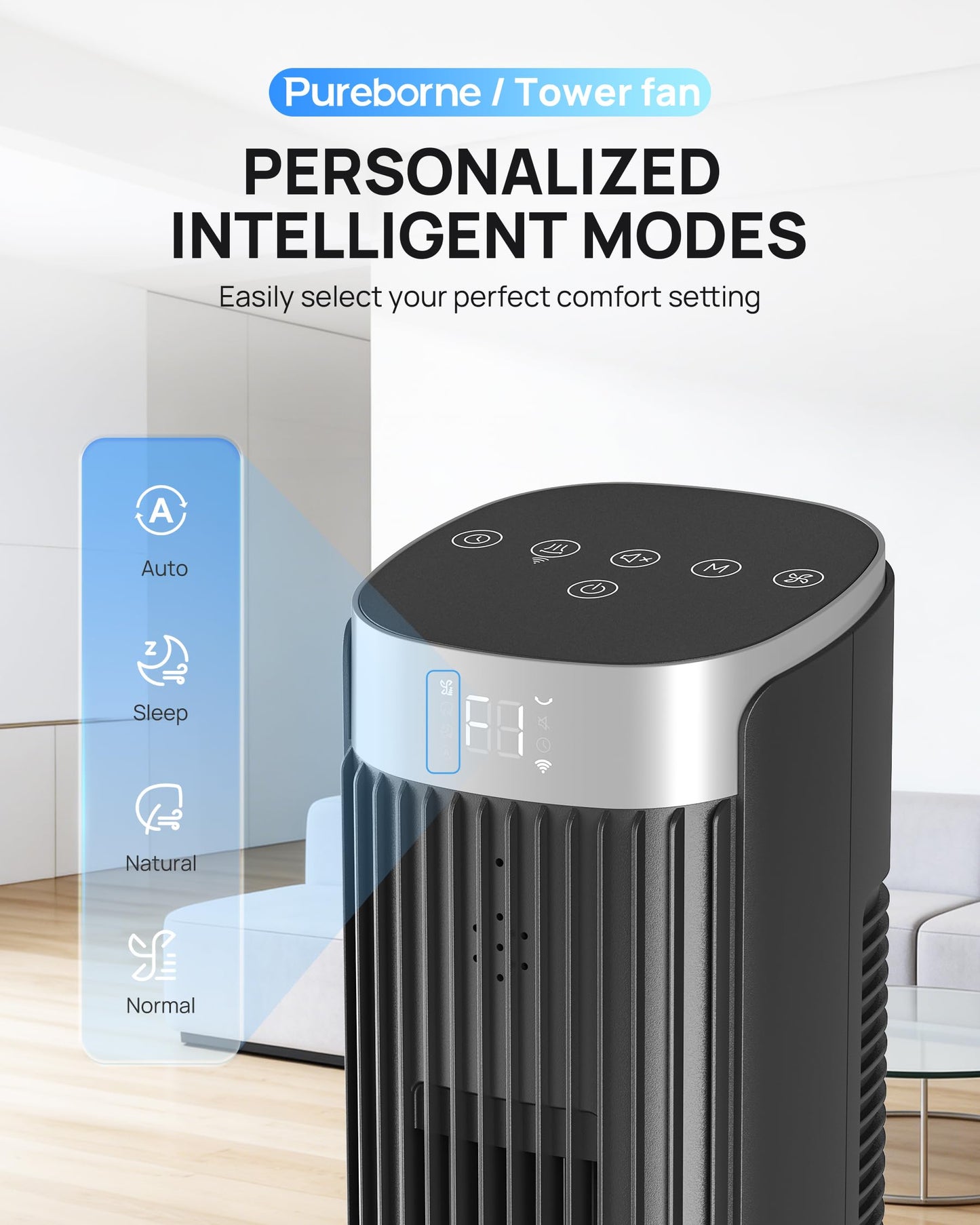 Pureborne 42-Inch Smart Tower Fan, 25dB Ultra-Quiet, 90° Oscillating Standing Fan, App & Voice Control, Remote, 4 Speeds, 4 Modes, 12H Timer, Floor Fan for Bedroom, Office, Black, 1 Pack