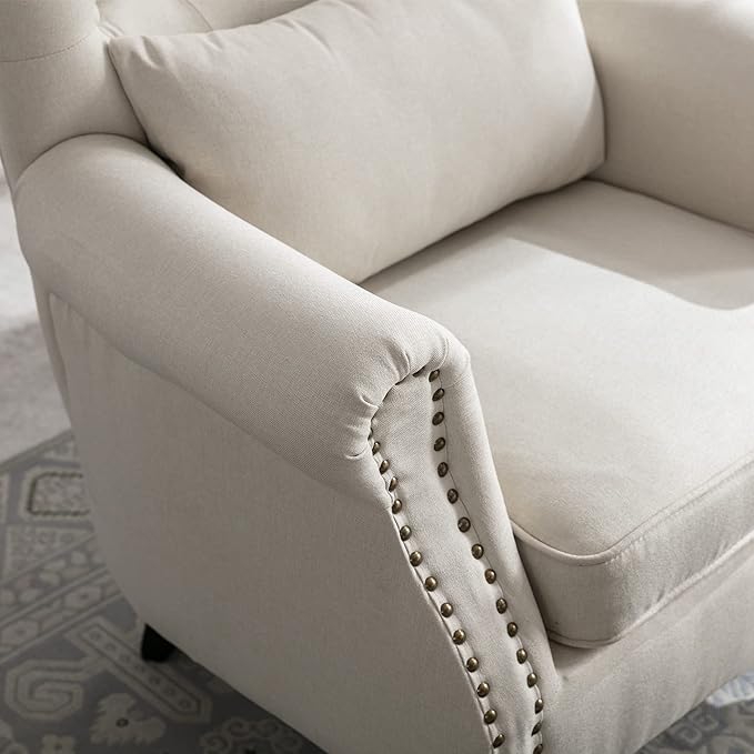 chairus Mid-Century Modern Accent Chair with Ottoman, Comfy Linen Single Sofa Chair Button Tufted Wingback Armchair with Pillow for Living Room/Bedroom/Club - Beige