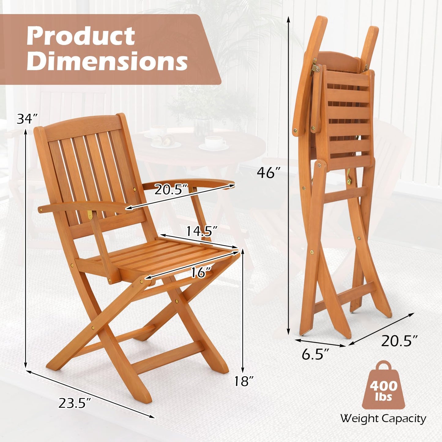 Tangkula Patio Wood Folding Chair Set of 4, Outdoor Eucalyptus Wood Dining Chairs w/Armrests & Slatted Seat, for Backyard, Porch, Poolside, Lawn, Garden, Load up to 400 LBS (2, Natural)