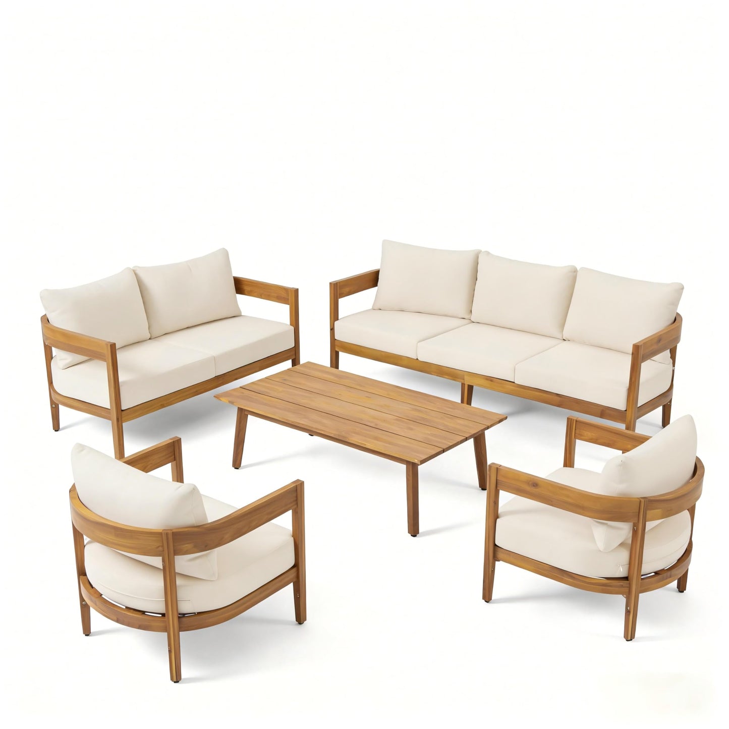Merax 5pcs Outdoor Acacia Wood Conversation Set with 2 Chais,Loveseat,3-Seater Sofa and Coffe Table,with Cushions for Patio,Garden