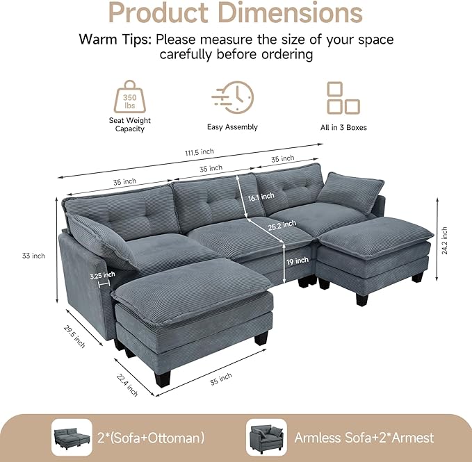 Amsleekey Modular Sectional Sofa, 111.5" U-Shaped Corduroy Comfy Sectional Couches for Living Room, 3-Seater Cloud Couches with 2 Movable Ottomans, Flexible Combination Modern Deep Seat Sofa (Grey)
