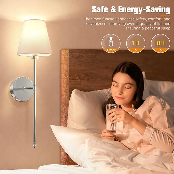 NIORSUN 19.9 inch Battery Operated Wall Sconce Set of 2,Brushed Nickel Rechargeable Wall Lights with 5200mAh Dimmable Detachable Bulbs and Remote,10 Colors Wireless Sconces for Bedroom Living Room