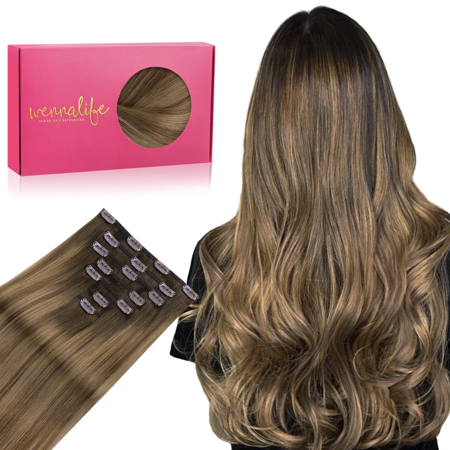 WENNALIFE Clip in Hair Extensions - Real Human Hair, 24 Inch 120g 7pcs, Light Ash Brown to Warm Chocolate Highlighted Caramel Bl