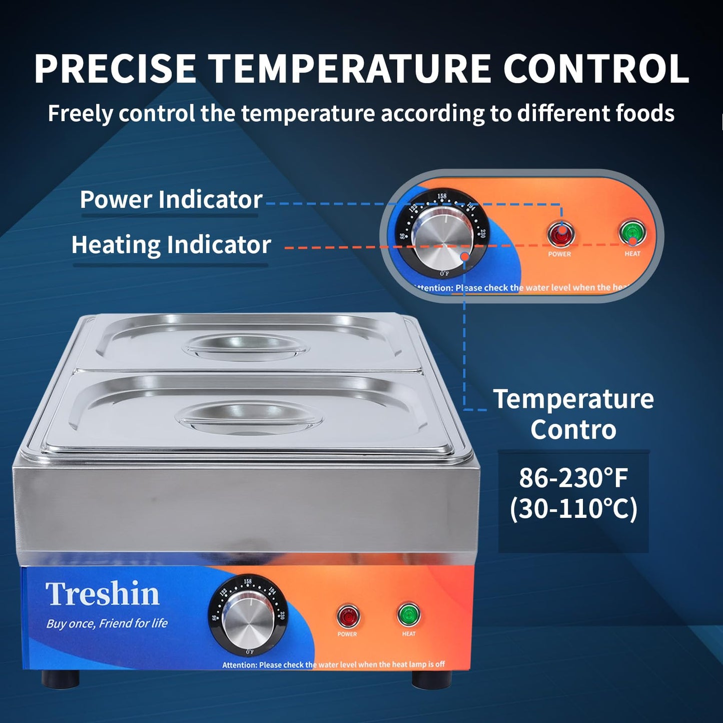 Treshin 2 Pan Commercial Food Warmer, Stainless Steel Bain Marie Food Warmers Steam Table 15 Qt 1200W with Temperature Control & Lid for Home, Catering, Restaurants