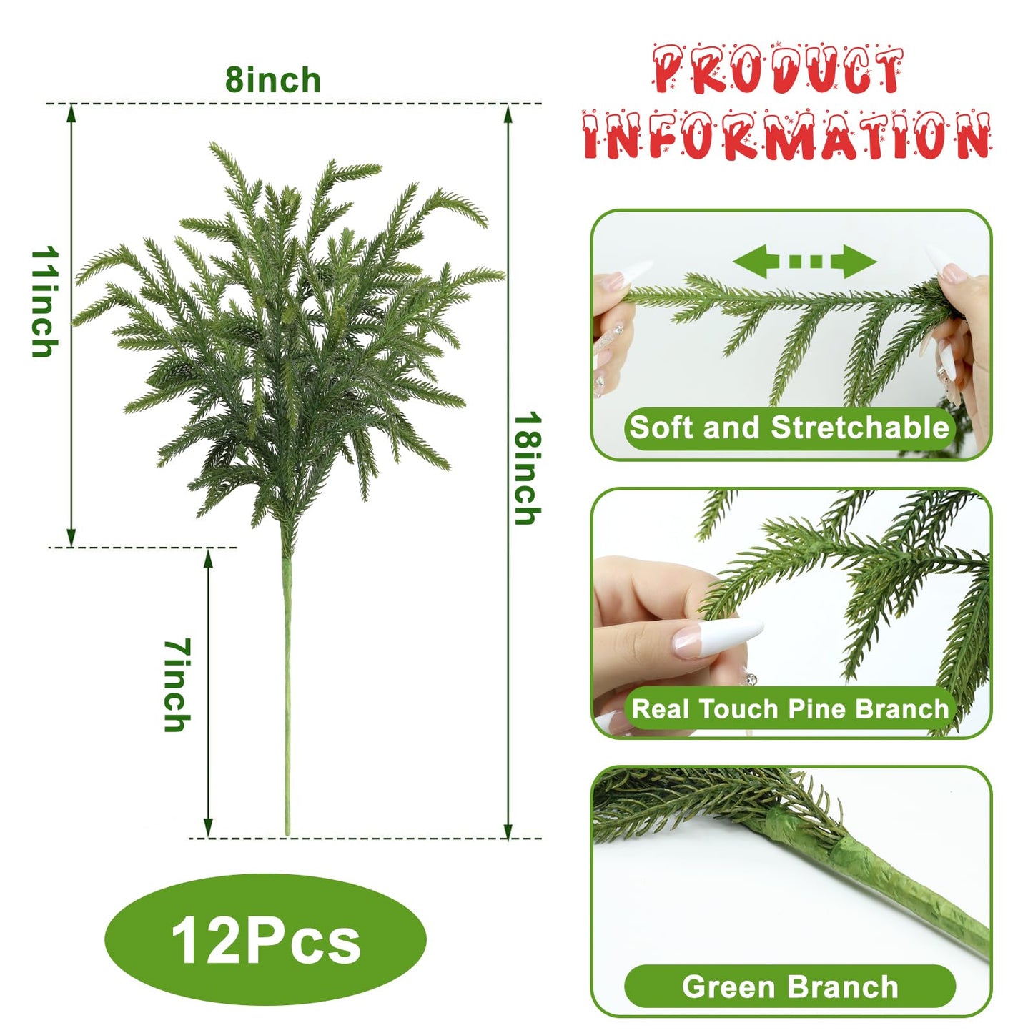 Artgar 12 Pcs Pine Branches - 18 Inch Artificial Green Pine Stem - Real Touch Christmas Greenery Pines Branches for DIY Flower Arrangement Home Indoor Christmas Decor
