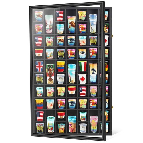 Black Shot Glass Display Case Large 61 Slots Glass Display Holder Wall Mounted Storage Shadow Box with UV Protection Acrylic Glass Door for Room Decor