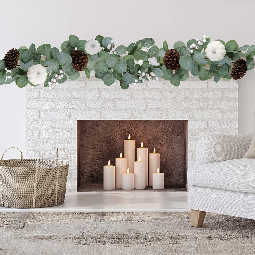 Winlyn White Pumpkin Garland Artificial Eucalyptus with White Pumpkins Pinecones Berries Fall Foliage for Wedding Arch Backdrop Thanksgiving Table Runner Farmhouse Decor 6' Long