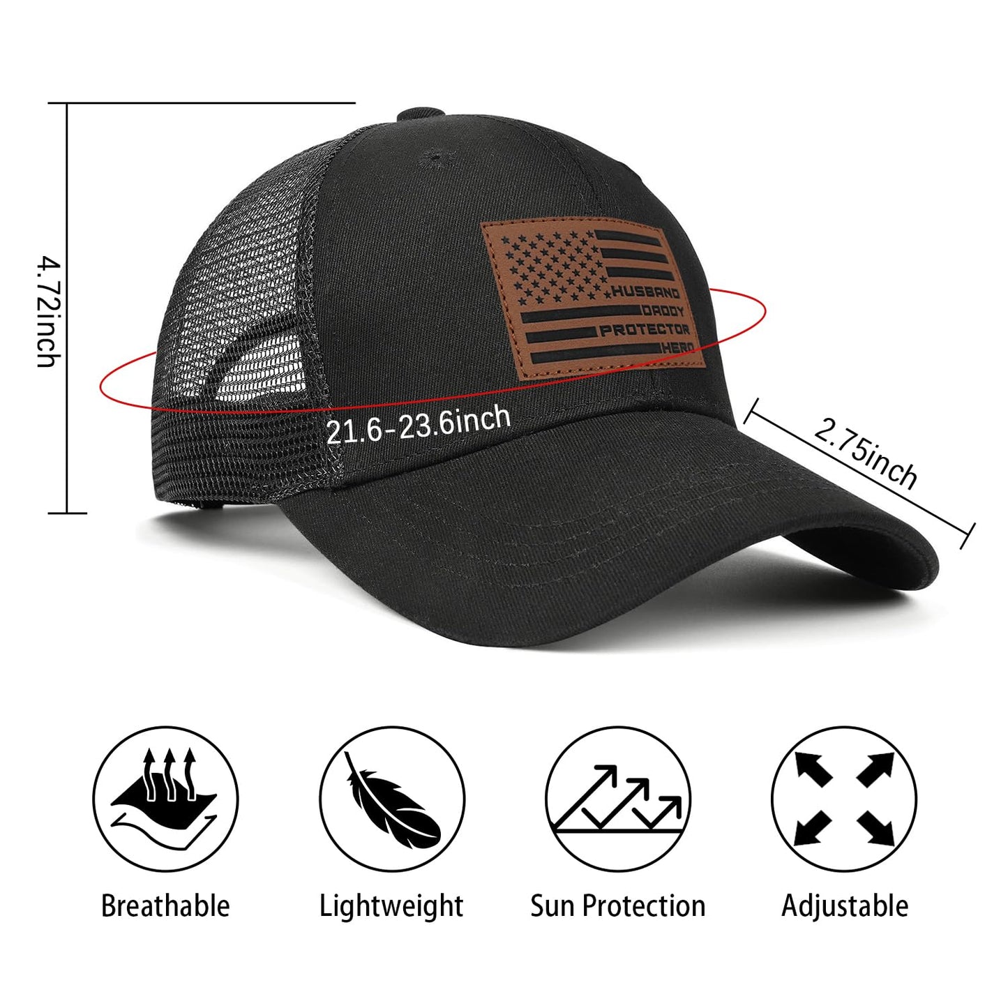 Husband Daddy Protector Hero Hat – Best Gift for Husband – USA Flag Leather Patch Cap for Dad, Veteran, Patriot, Hero – Birthday, Anniversary