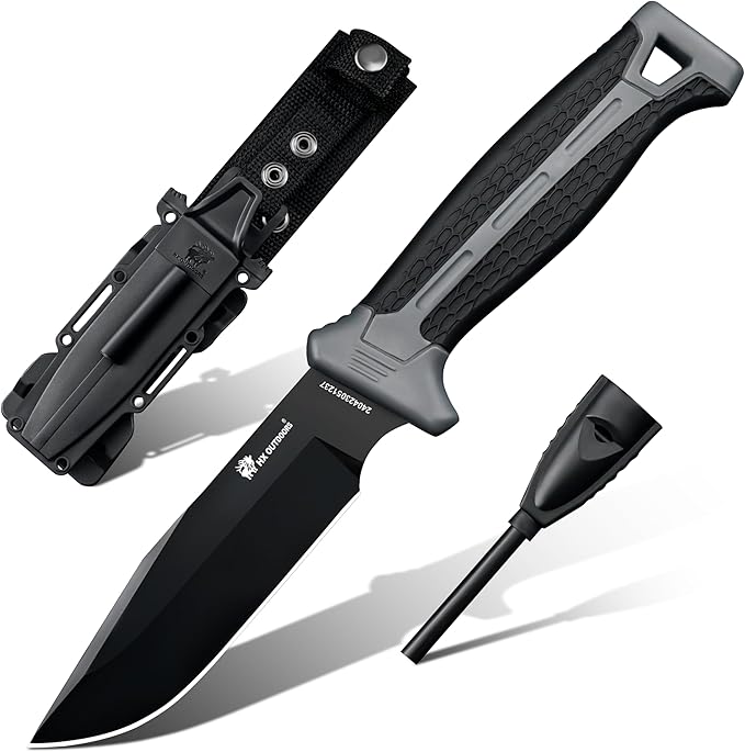 HX OUTDOORS Extra Sharp Bushcraft Knife with Fire Starter, Premium D2 Steel Fixed Blade Survival Camping Knife with Ferro ...