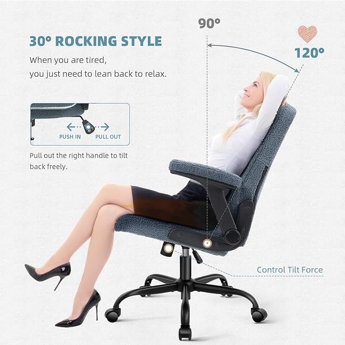 SEATZONE Blue Office Chair with Wheels,Ergonomic Home Office Computer Chair with Flip-up Armrest,Comfy Adjustable Rolling Chair Teddy Fleece