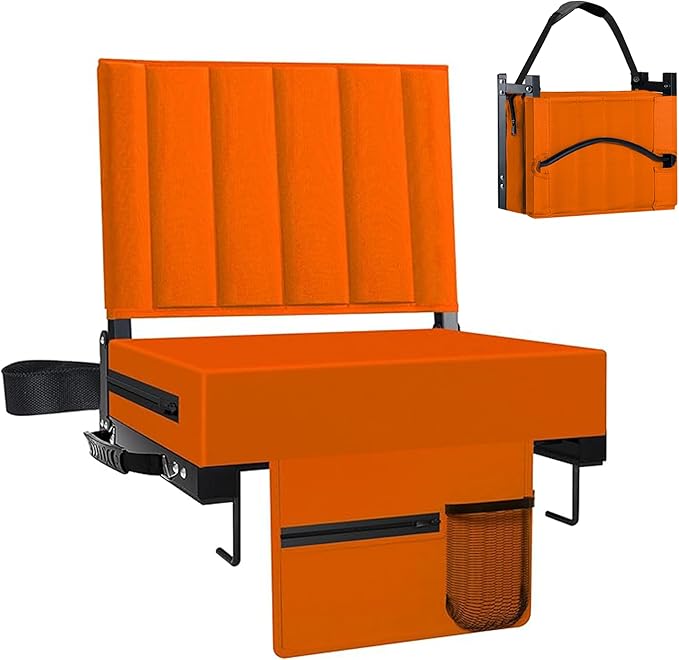 Aliphon Stadium Seat for Bleachers with Back Support and Cushion, Bleacher Seats with Shoulder Strap and Cup Holder, Padded Portable Folding Comfort Stadium Chair, for Sports Events, Orange (1pcs)