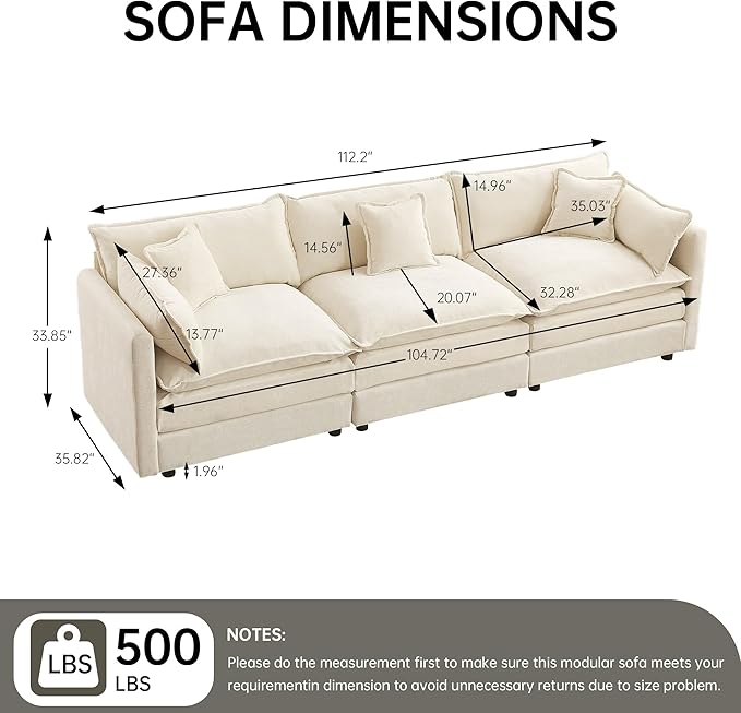saows Modular Sectional Sofa, 112.2 Inch Rectangle Shaped Couch Set with Armrests, 3-Seater Comfy Cloud Couches for Living Room Apartment, Beige