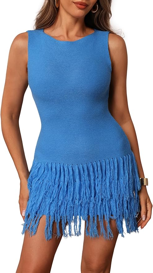 winkbay Women's Fringe Sleeveless Mini Dress Crew Neck Bodycon Knit Party Club Dresses