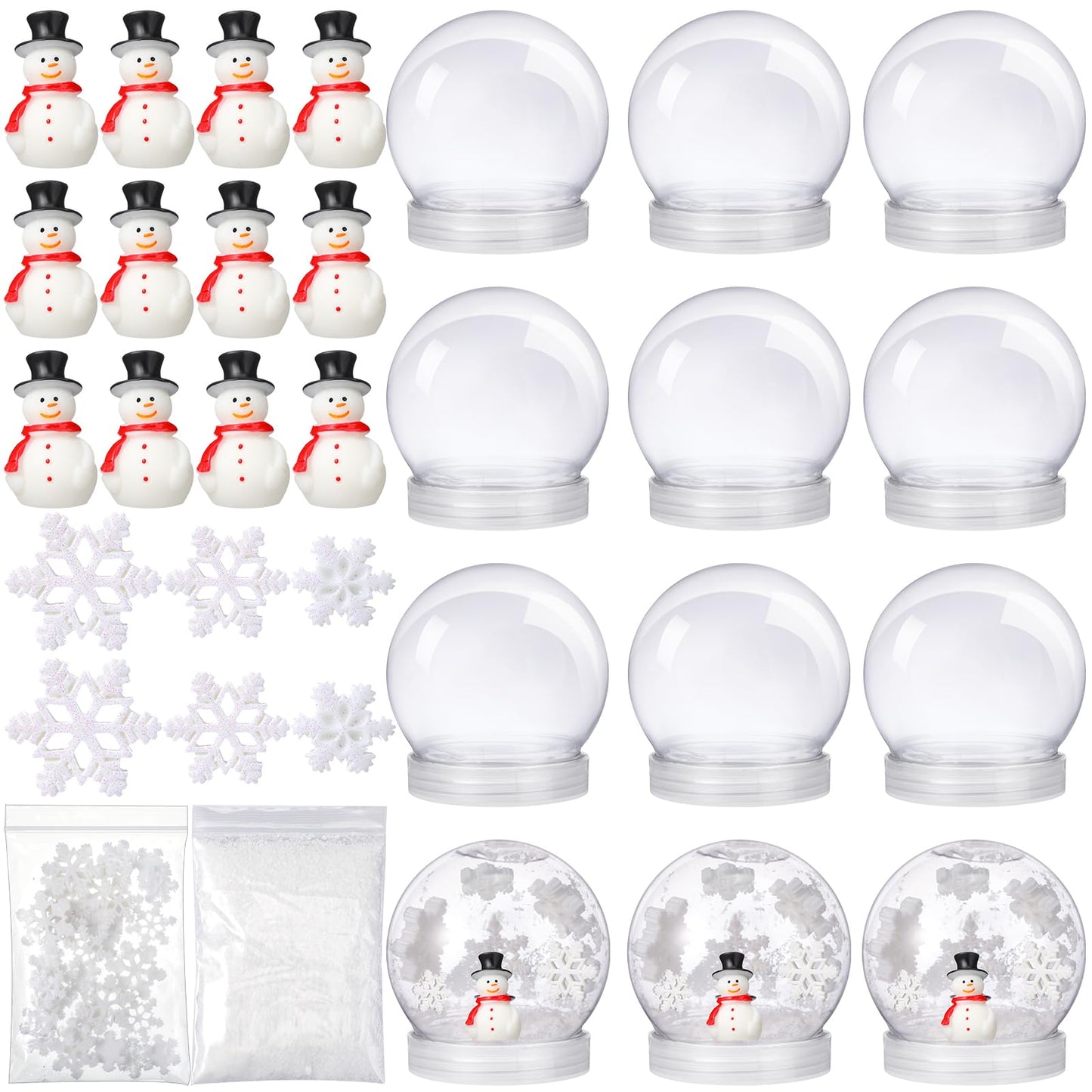 Cinnvoice 75 Pcs Winter Christmas Plastic Snow Globes Kit Includes 12 Snow Globe 12 Mini Snowman Figurines 50 Mini Resin Snowflakes and Artificial Snow for Xmas DIY Crafts Make Your Own Snow Globe