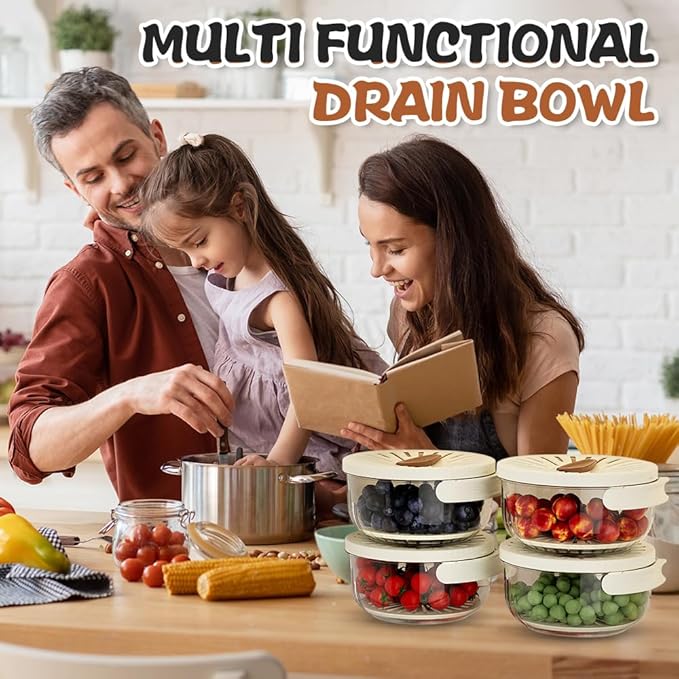Multi-Functional Fruit and Vegetable Washing Bowl, Fruit Strainer Container with Lid, 2 In 1 Sealed Drainer Basket, Drainer and Freshness Basket, Kitchen Tool with Foldable Handle (Brown 2pcs)