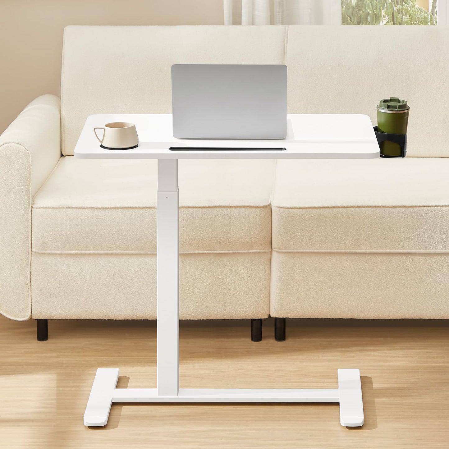 VASAGLE Overbed Table with Wheels, Mobile Standing Computer Desk, 31.5 x 17.7 Inches Tabletop, Adjustable Height, 2 Cup Holders, Phone and Tablet Slot, Cloud White ULSD601W01