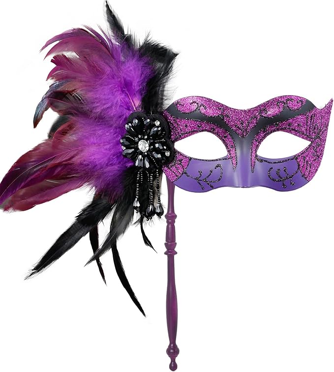 MYSEUNI 2025 New Masquerade Mask for Women with Stick - Shiny Women's Feather Mardi Gras Venetian Mask for Costume Accessory