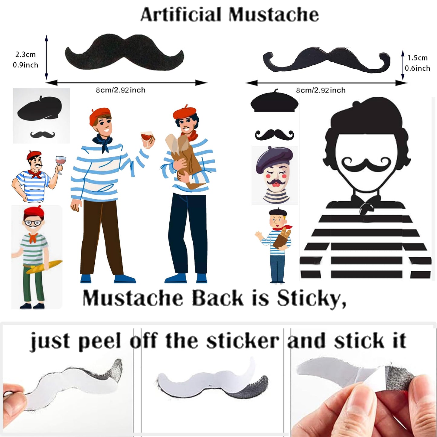 IZUS Adult French Beret Hat and Mustache Mime Artist Party Hats Birthday Fancy Costume Cosplay Caps Halloween (as1, alpha, one_size, Standard, Black 1pcs)