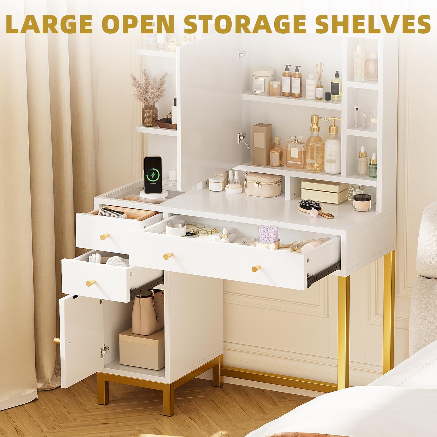 White Vanity Desk with LED Lighted Mirror & Power Outlet, 3 Lighting Modes, Brightness Adjustable Glass Top Makeup Table for Bedroom, White and Gold Dressing Table for Women – Beauty Station & Organiz