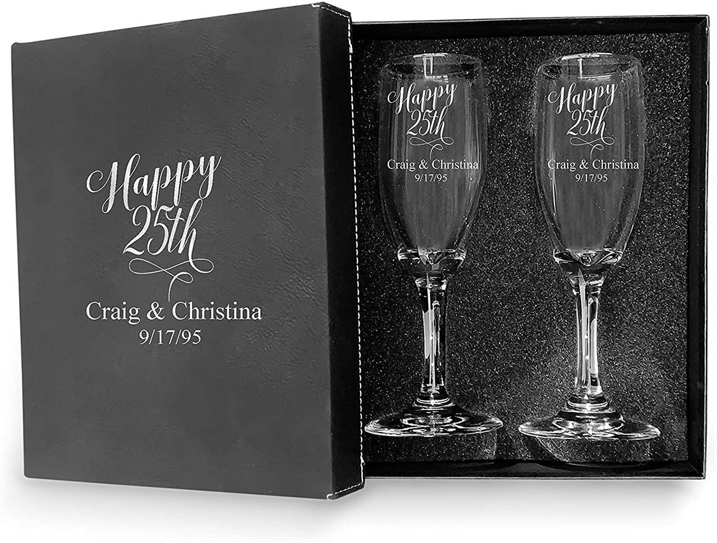 Krezy Case 25th Anniversary Couple Champagne glasses with Black box, Perfect Anniversary Flutes,Bridal shower Flutes, Wedding party, Bachelorette Party,Anniversary Flutes