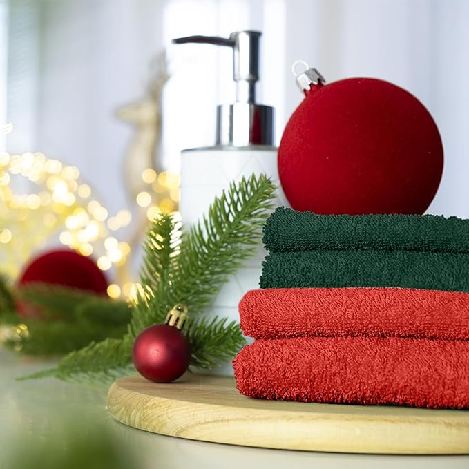 DAN RIVER 24 Pack Wash Cloths for Showering [12x12] - 100% Cotton Washcloths Premium Quality Flannel Face Cloths for Bathroom, Highly Absorbent and Soft Feel Wash Clothes, Red and Green