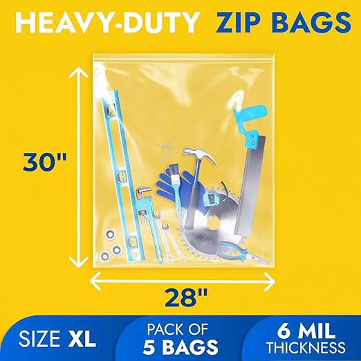 28" x 30" Extra Large Zip Seal Lock Bags, 6 Mil (Pack of 5) – Heavy-Duty Reclosable Plastic Bags – Clear, Resealable, Waterproof – For Storing and Organizing Clothes, Jewelry, and Travel