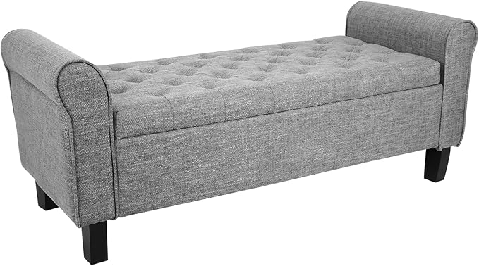 Babion Storage Bench for Bedroom, Button Linen Fabric, 51Inch, End of Bed Storage, Upholstered Rolled Arm Window Seat with Solid Wood Legs, Light Grey