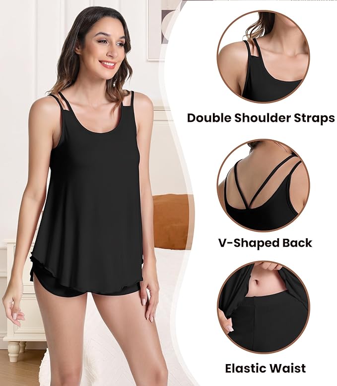 NACHILA Pajamas for Women-Viscose from Bamboo, Ribbed Racerback Tank Top Sexy Split Shorts Pajama Sets Cooling Sleep Cami Pjs