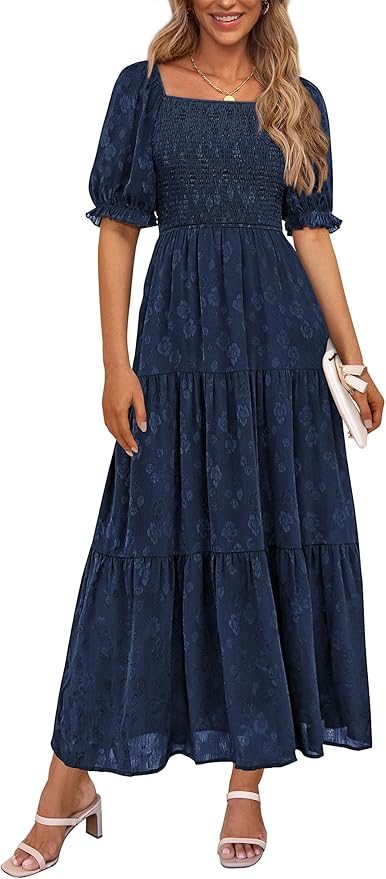 PRETTYGARDEN Women's 2026 Summer Casual Midi Dresses Square Neck Short Sleeve Smocked A Line Floral Flowy Elegant Boho Dress