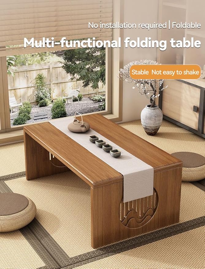 Ekjkldo Folding Coffee Table, Foldable Japanese Floor Table No Assembly, Low Coffee Table for Sitting On The Floor, Small Coffee Tables for Living Room Meditation Tea Room Tatami Dining 39.4 Inch