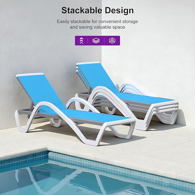 PURPLE LEAF Patio Chaise Lounge Chair Set of 3 Outside Aluminum Plastic Stackable Tanning Chairs with Armrests and Side Table for Pool Sunbathing Beach Deck Outdoor Lounger, Turquoise Blue