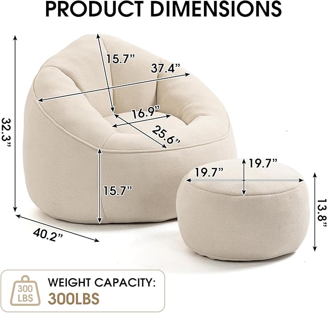 Sudwesto Bean Bag Chair for Adult, Microfiber Upholstered Bean Bag Sofa with Petal Back, Shell-Shaped Beanbag Chair with Footstool, Memory Foam Stuffed Lazy Sofa for Living Room, Bedroom (Beige)