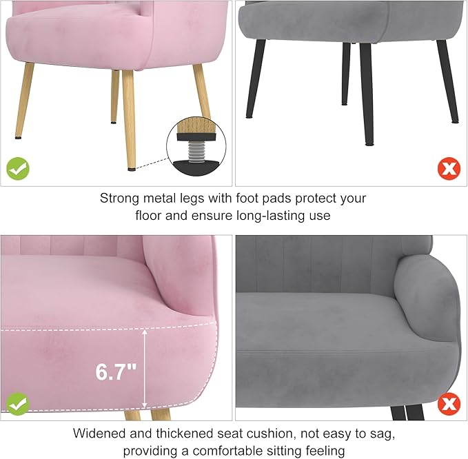 Holiway Velvet Accent Chair, Upholstered Modern Leisure Single Sofa Side Chair, Comfy Tufted Back Armchair with Metal Legs for Living Room/Bedroom/Office/Reading Room, Pink