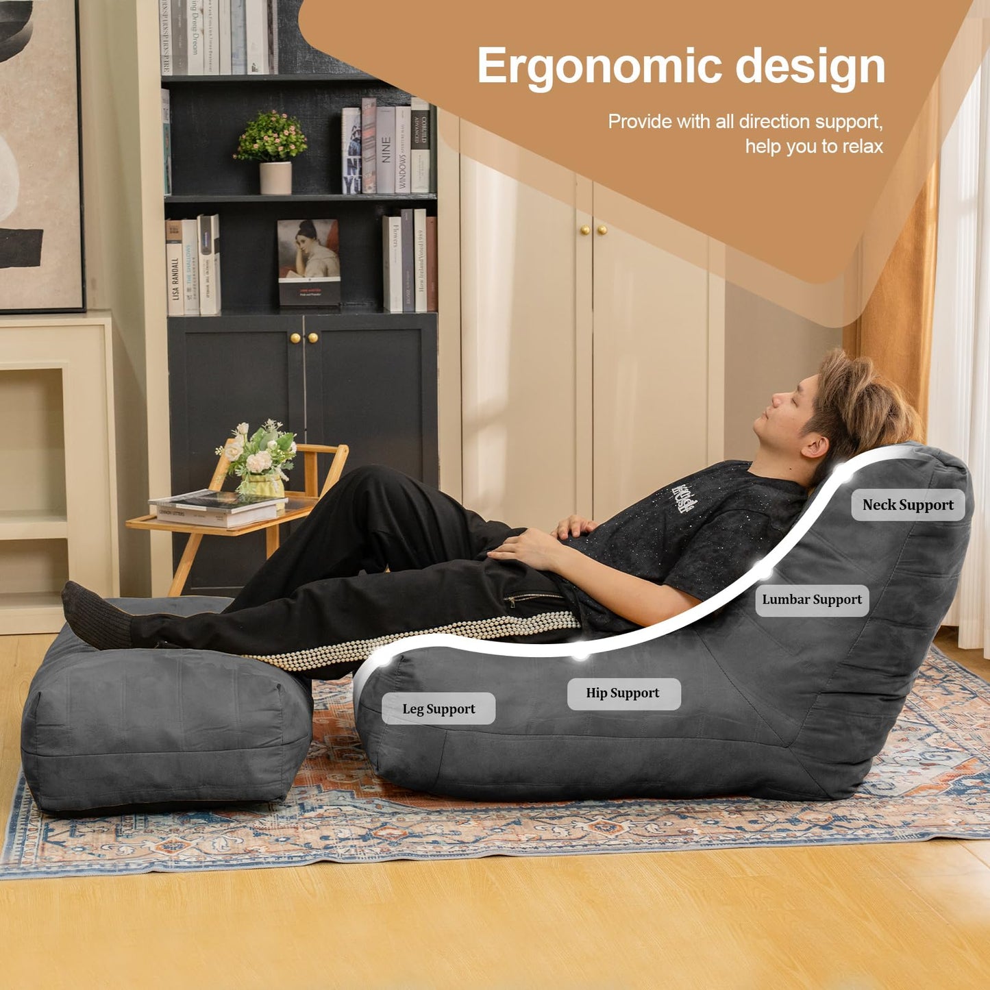 Cvortll Bean Bag Chair with Ottoman, Comfy Bean Bag Sofa with Memory Foam, Lazy BeanBag Sofa with Footstool, Fireside Bean Bag Couch for Living Room, Bedroom, Apartment