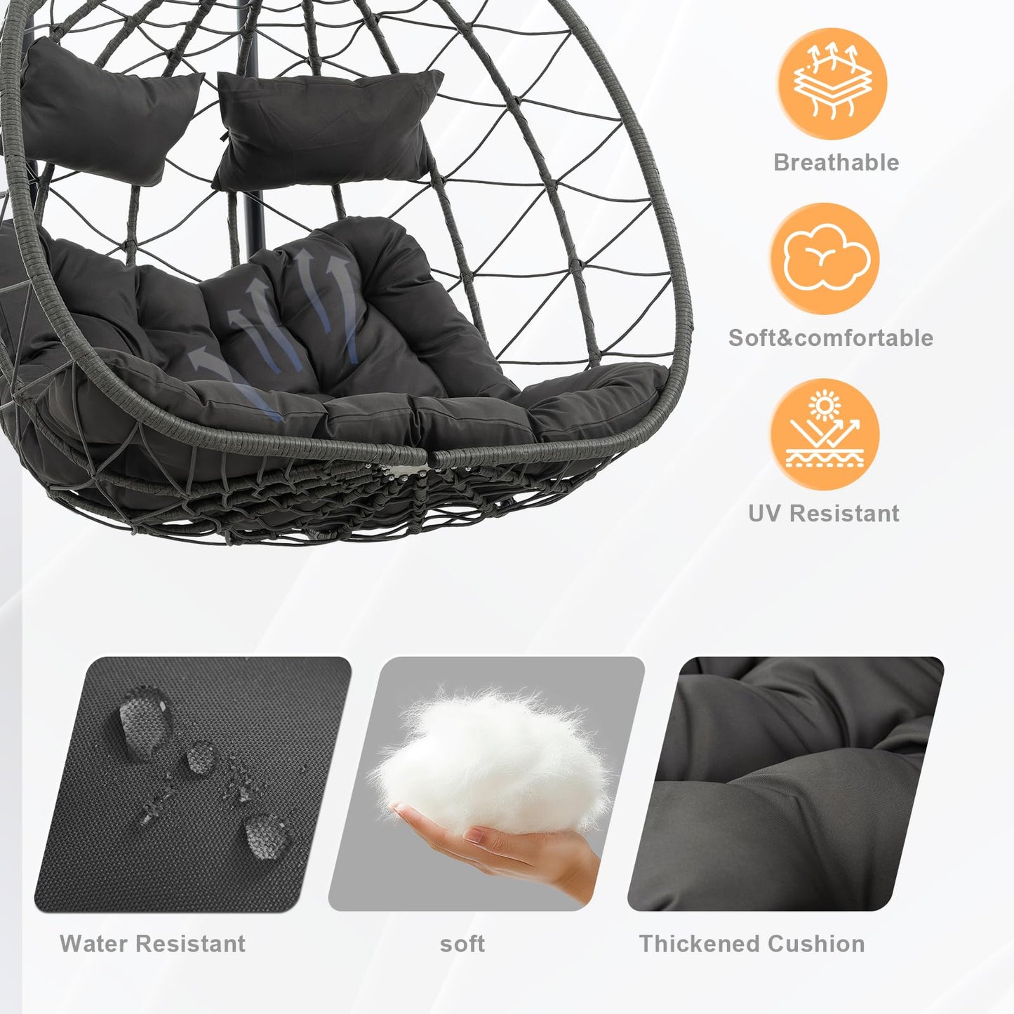 Anranni Double Egg Swing Chair with Stand, 2 Person Outdoor Indoor Hammock Hanging Chair with Cushion,Patio Wicker Hanging Egg Chair w/Cushion 700LBS Capacity for Bedroom, Balcony, Garden