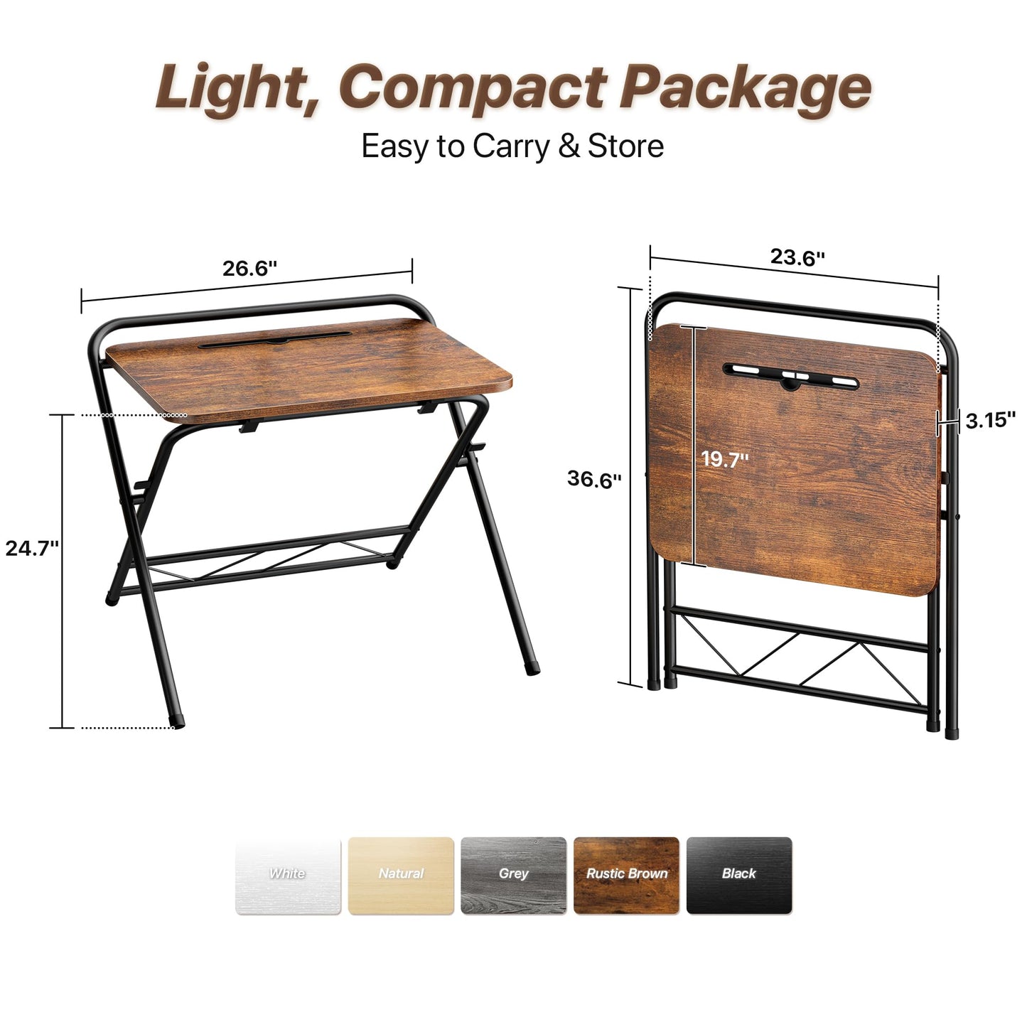 Huuger Folding Desk with 3-Level Adjustable Height and Tablet Slot, 24 Inch Foldable Computer Desk for Small Spaces, Space Saving, Writing Work Table for Home Office, Bedroom, Study, Rustic Brown